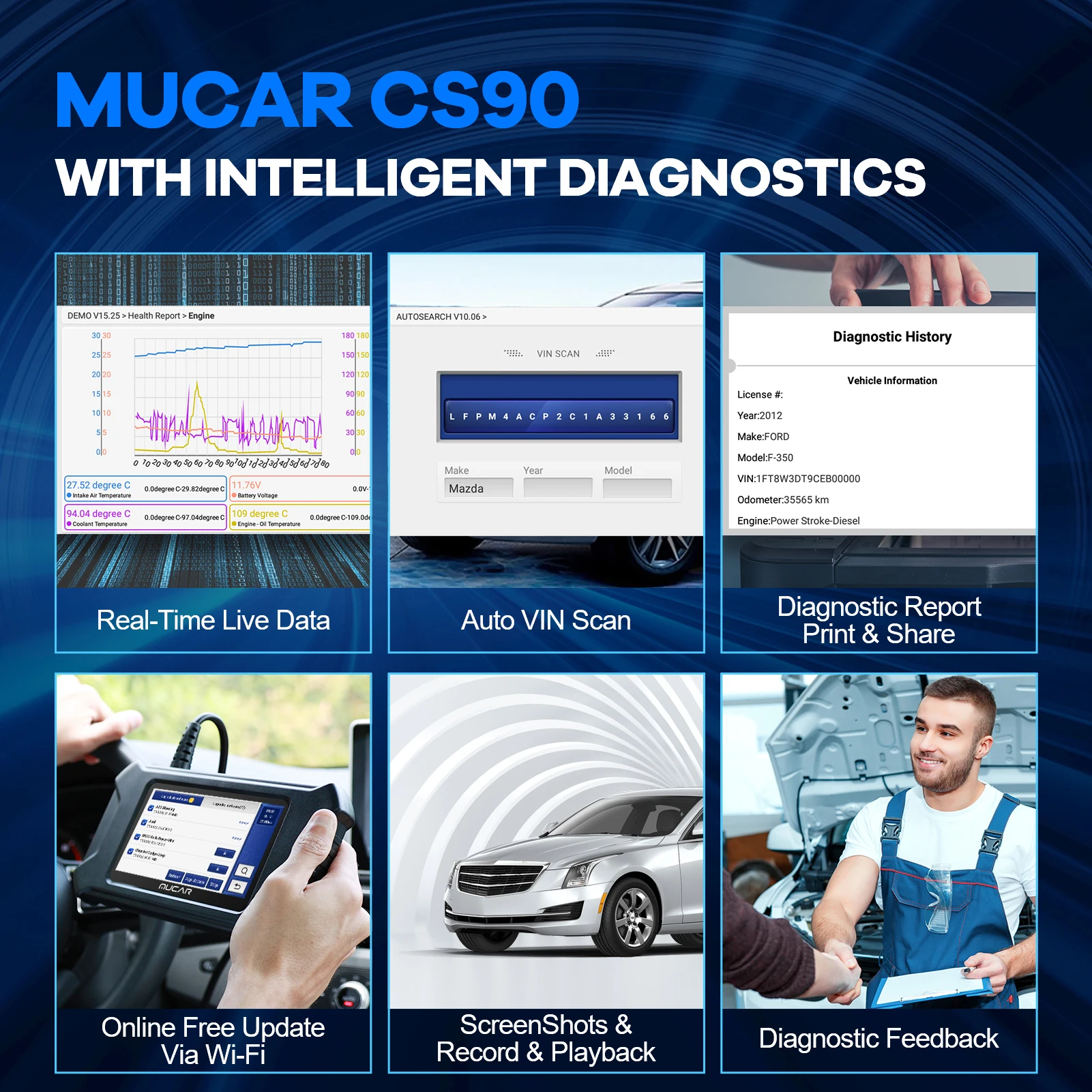 MUCAR CS90 OBD2 Diagnostic Tool Auto OBD2 Scanner Scan Tool 28 Reset Maintenance Service Lifetime Update Free for All Car
