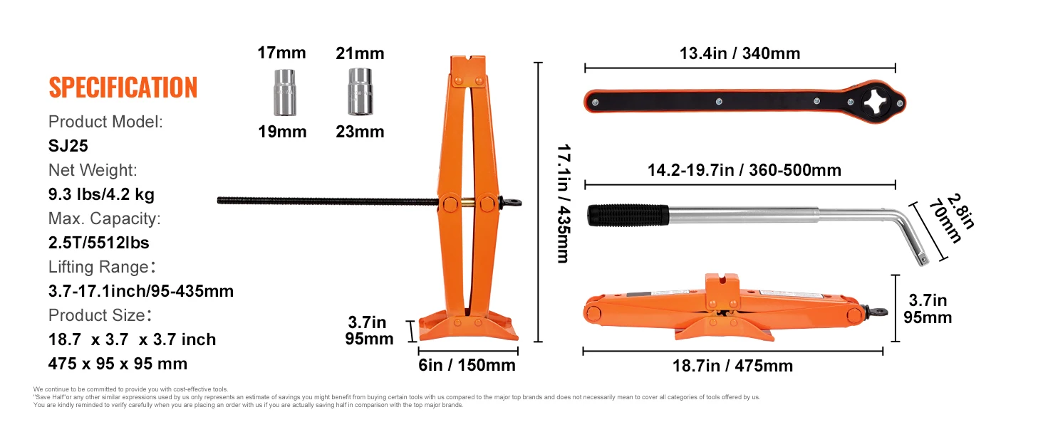 SucceBuy Scissor Jack 2.5 Ton Scissor Car Jack 3.7"-17.1" Lifting Range Scissor Lift Jack Portable Tire Jack for Car Truck SUV