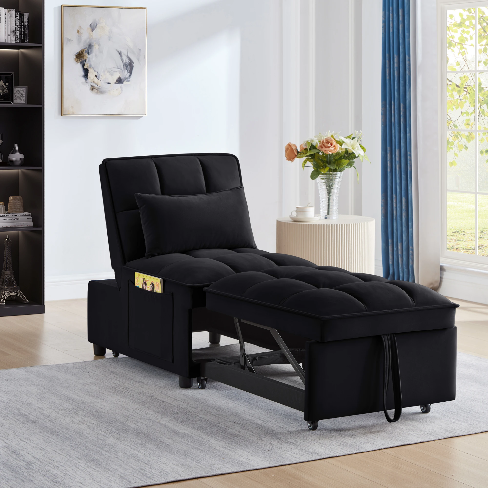 4-in-1 Multifunctional Single Sofa Bed with Storage Bag Tufted Single Sofa Bed Adjustable Backrest Pillows Convertible Chair