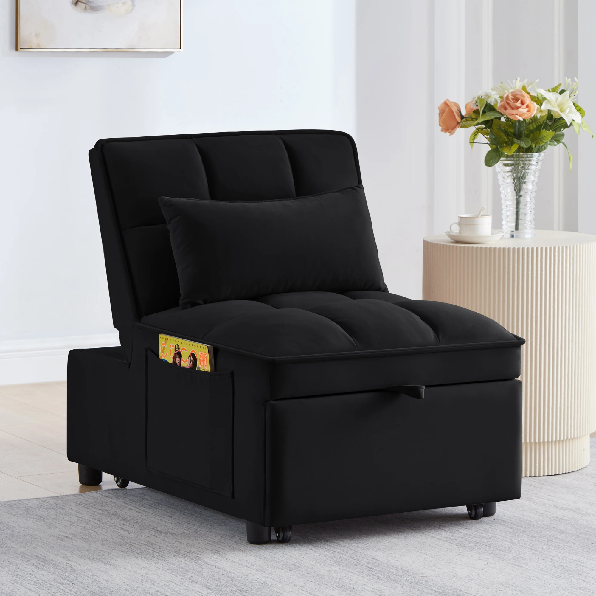 4-in-1 Multifunctional Single Sofa Bed with Storage Bag Tufted Single Sofa Bed Adjustable Backrest Pillows Convertible Chair
