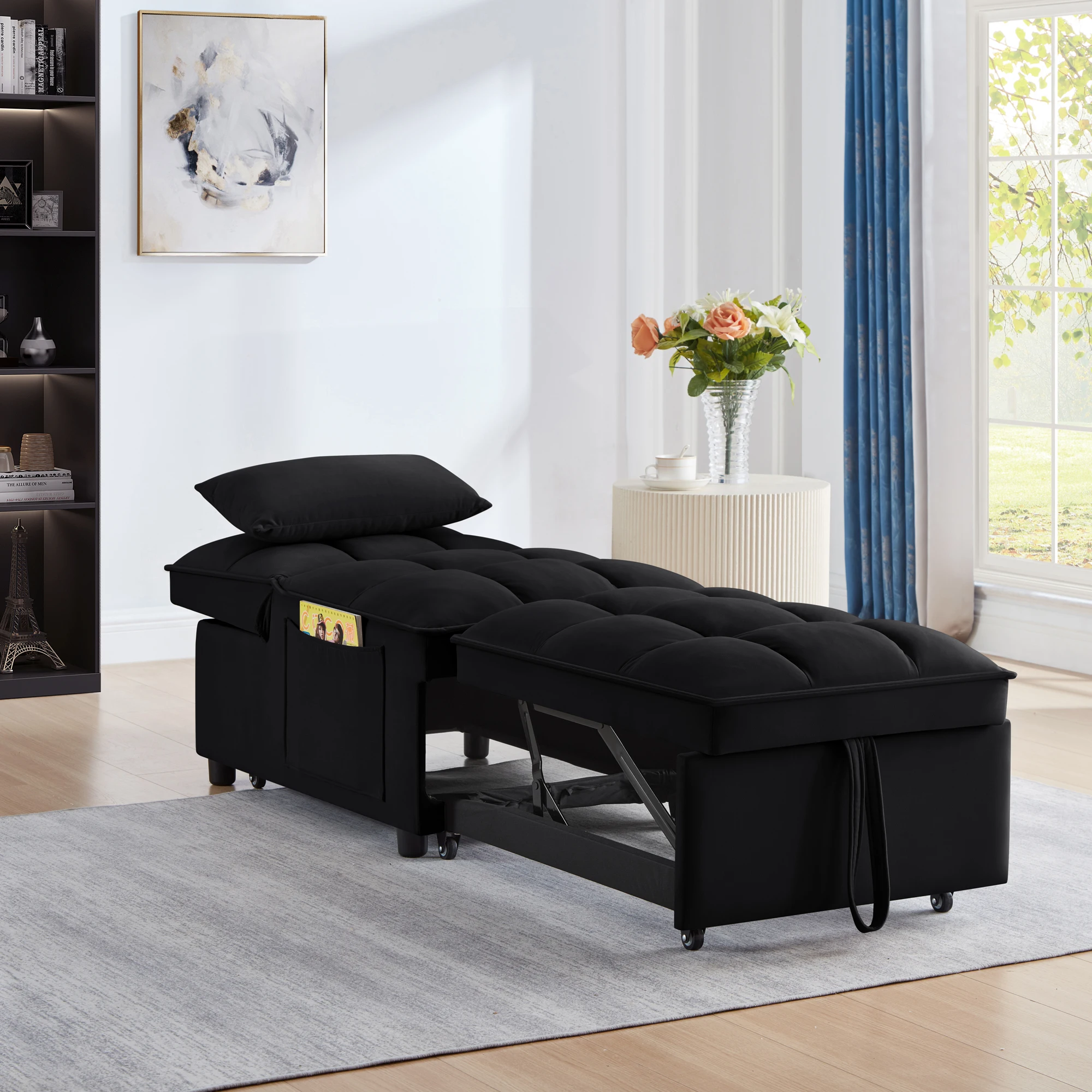 4-in-1 Multifunctional Single Sofa Bed with Storage Bag Tufted Single Sofa Bed Adjustable Backrest Pillows Convertible Chair