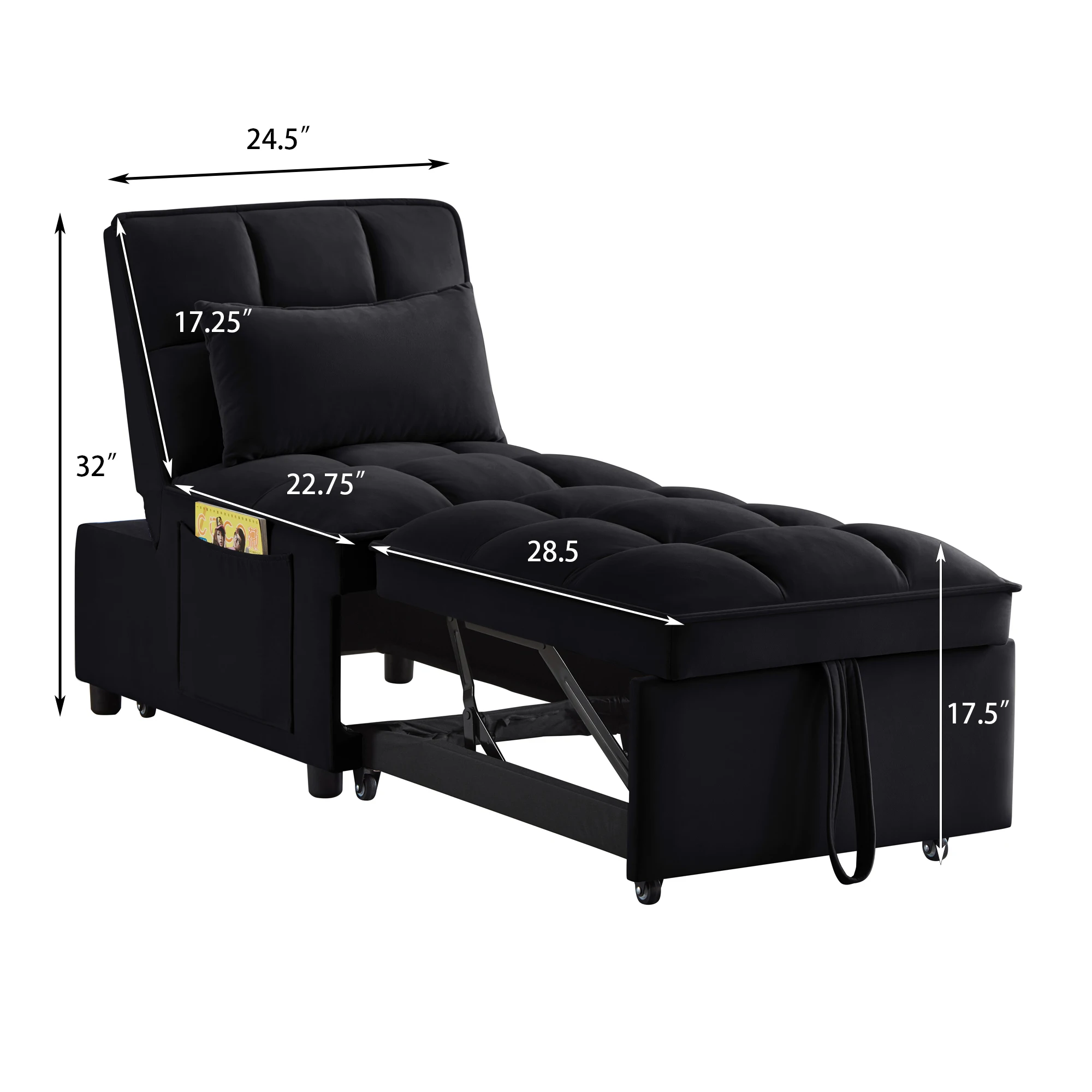 4-in-1 Multifunctional Single Sofa Bed with Storage Bag Tufted Single Sofa Bed Adjustable Backrest Pillows Convertible Chair