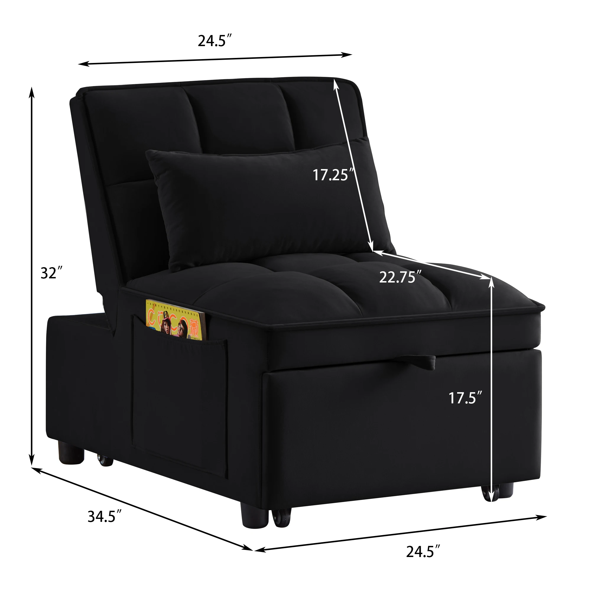 4-in-1 Multifunctional Single Sofa Bed with Storage Bag Tufted Single Sofa Bed Adjustable Backrest Pillows Convertible Chair