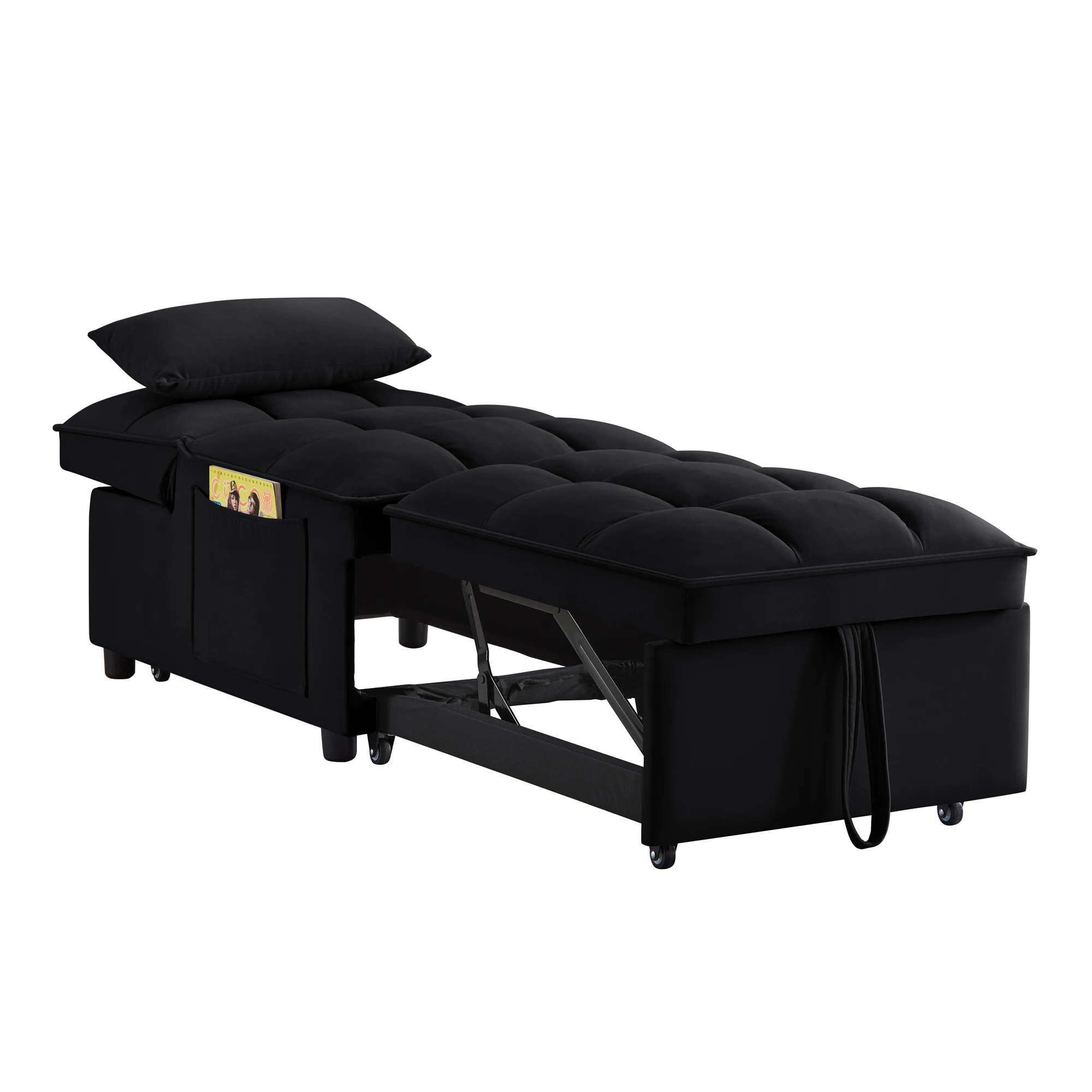4-in-1 Multifunctional Single Sofa Bed with Storage Bag Tufted Single Sofa Bed Adjustable Backrest Pillows Convertible Chair