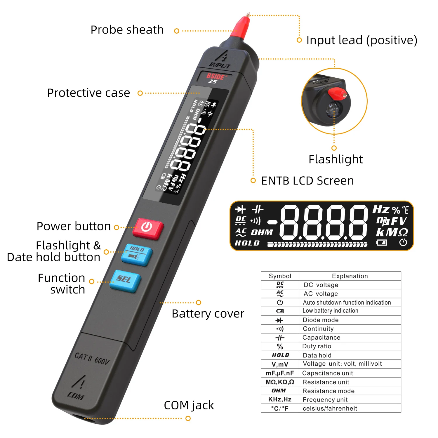 BSIDE Digital Multimeter Pen Type Smart multitester Auto Range DC AC Voltage Capacitance Ohm NCV Hz Diode Live wire Tester Meter