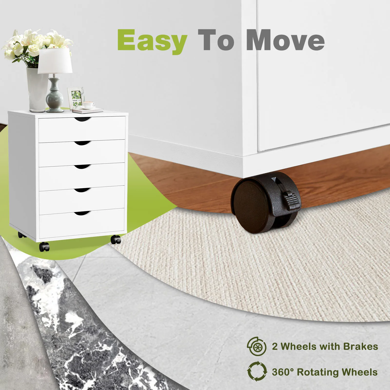 JHK Wood Nightstand Cabinet 5 Drawers Waterproof Surface Storage Organizer File Office Easy To Move Bedside Table Rotating Wheel