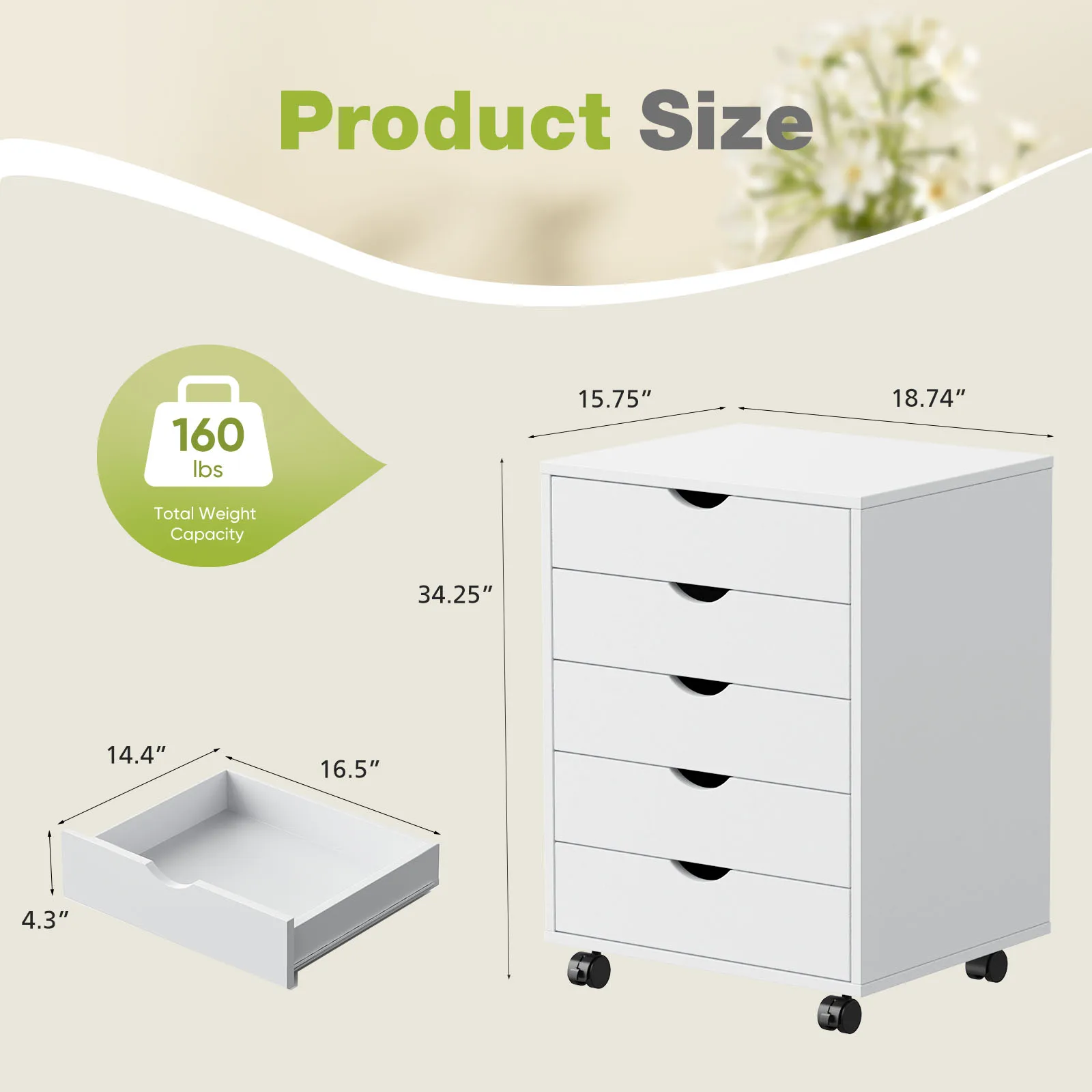 JHK Wood Nightstand Cabinet 5 Drawers Waterproof Surface Storage Organizer File Office Easy To Move Bedside Table Rotating Wheel