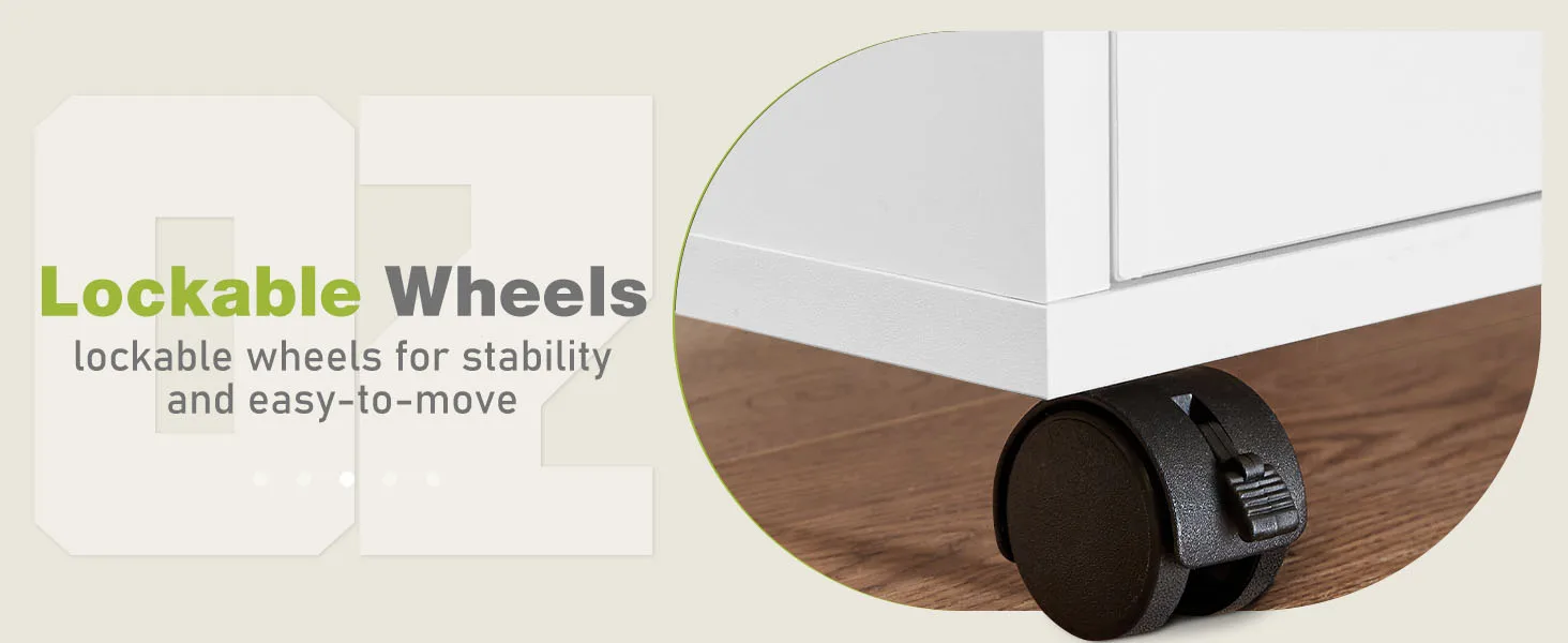 JHK Wood Nightstand Cabinet 5 Drawers Waterproof Surface Storage Organizer File Office Easy To Move Bedside Table Rotating Wheel