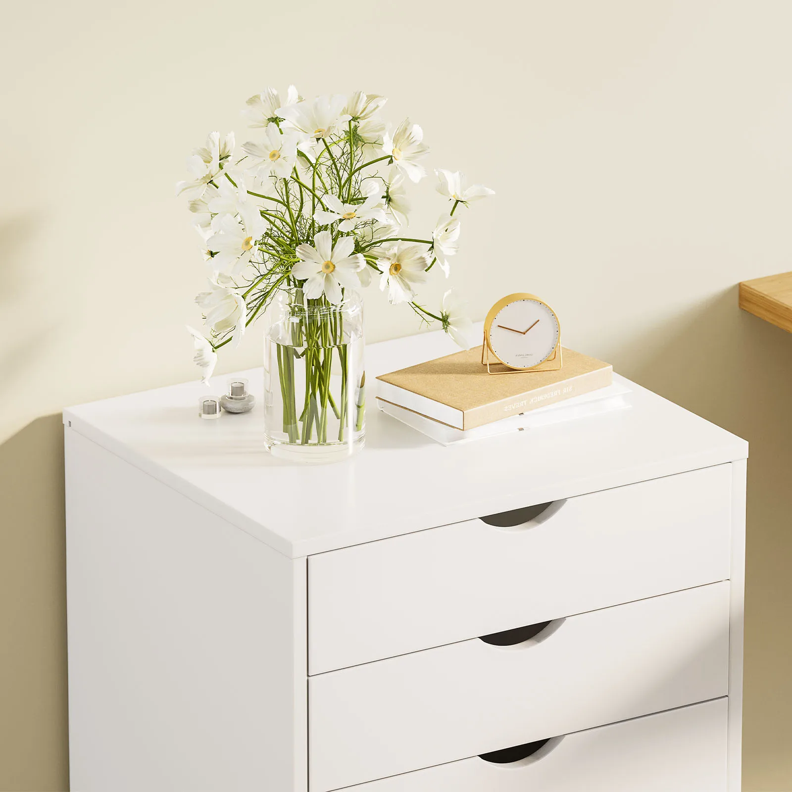 JHK Wood Nightstand Cabinet 5 Drawers Waterproof Surface Storage Organizer File Office Easy To Move Bedside Table Rotating Wheel