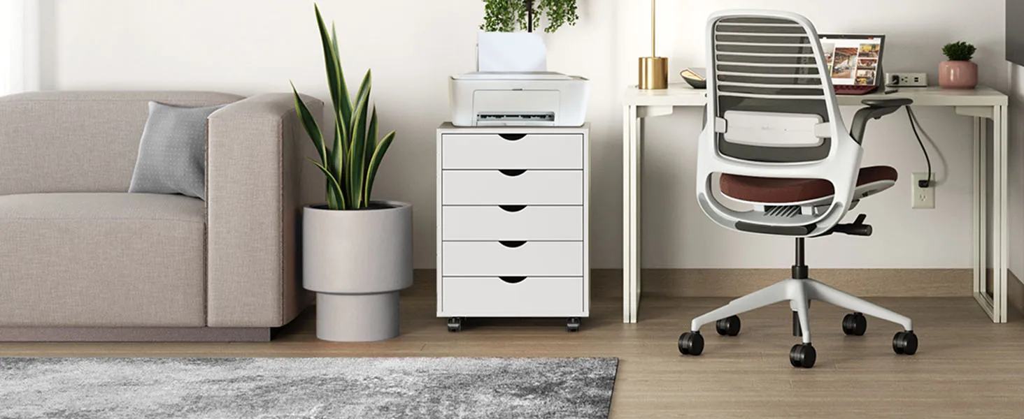JHK Wood Nightstand Cabinet 5 Drawers Waterproof Surface Storage Organizer File Office Easy To Move Bedside Table Rotating Wheel