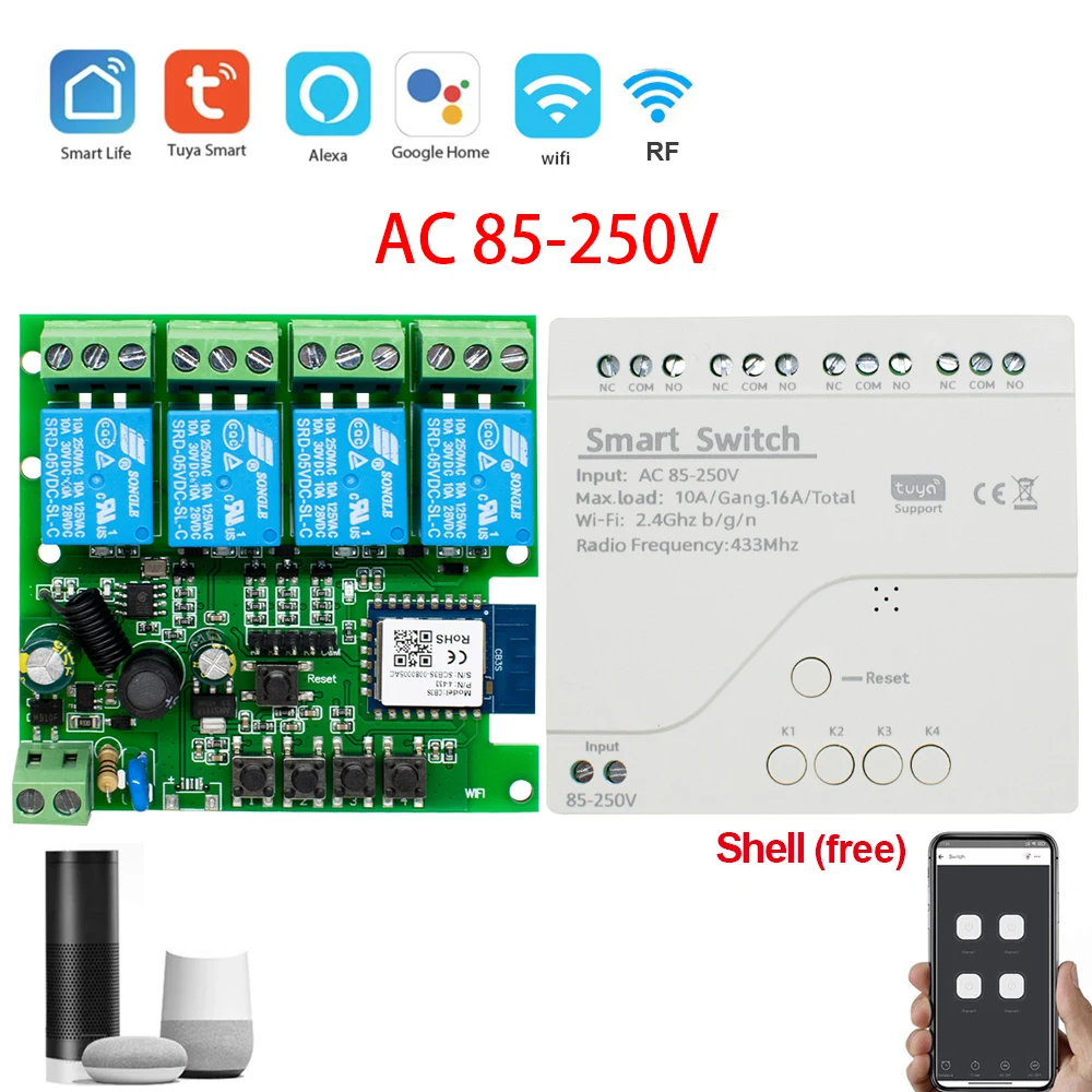 Tuya Smart Wifi Motor Switch Module 12V 32V 220V RF 433 Radio Remote Control 4 Channels Inching Relay for Alexa Google Home