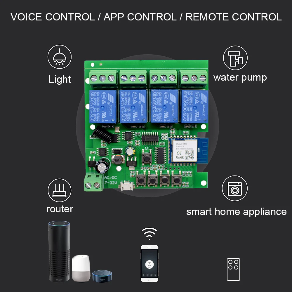 Tuya Smart Wifi Motor Switch Module 12V 32V 220V RF 433 Radio Remote Control 4 Channels Inching Relay for Alexa Google Home