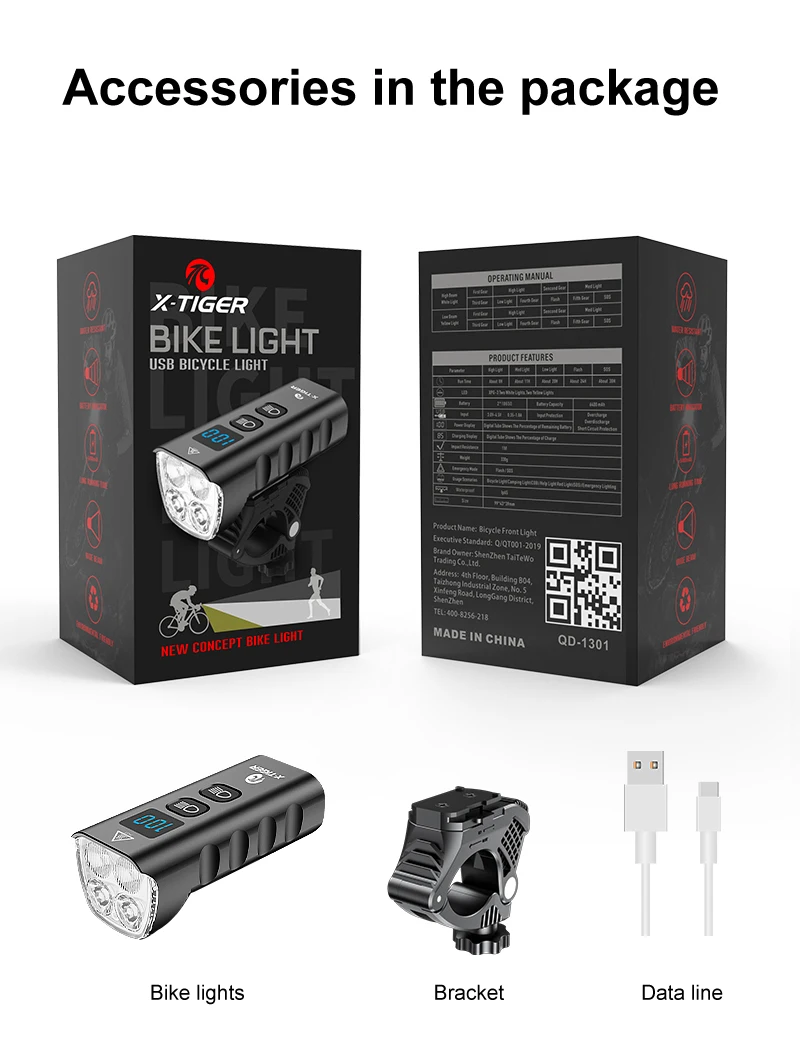 X-TIGER Waterproof MTB Bike Light Aluminum Alloy Road Cycling USB Rechargeable Headlight 2400 Lumens Bicycle Light Accessories