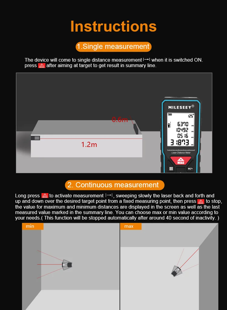 MILESEEY X6 Laser Tape Measure 40M 60M 80M 100M, Professional Rangefinder with Angle Display for DIY, Decorating, Building