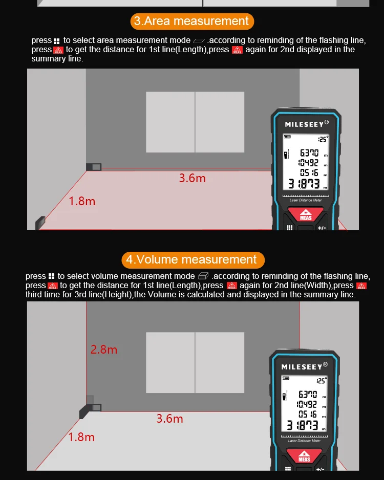 MILESEEY X6 Laser Tape Measure 40M 60M 80M 100M, Professional Rangefinder with Angle Display for DIY, Decorating, Building