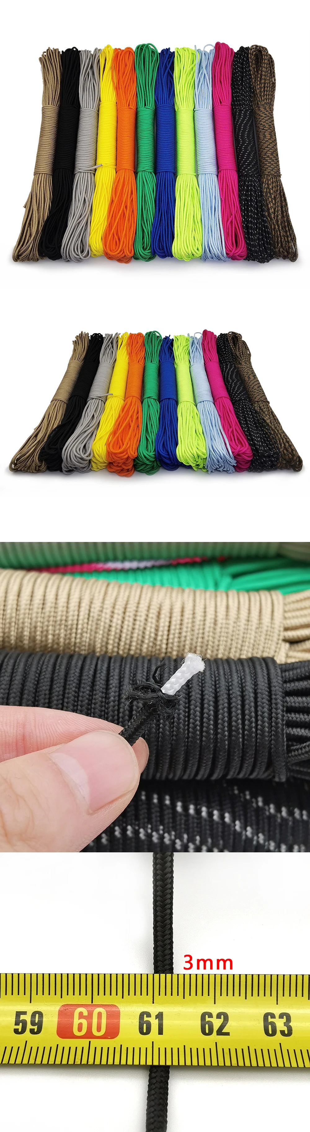 100ft 3mm Paracord Lanyard Rope Parachute Cord Hiking Camping Clothesline Tactical Bracelet Accessory Bracelet One Core