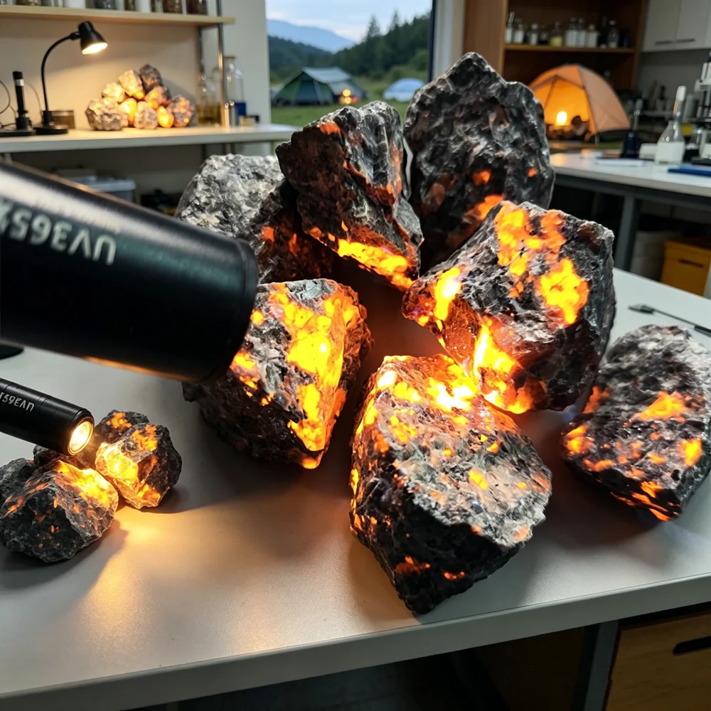 Natural Yooperlites Flame Stone Syenite Decor Stone Fluorescent Sodalite Mineral Rough Crystal Long-wave UV Collection Specimens
