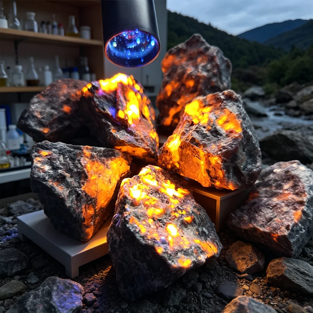 Natural Yooperlites Flame Stone Syenite Decor Stone Fluorescent Sodalite Mineral Rough Crystal Long-wave UV Collection Specimens