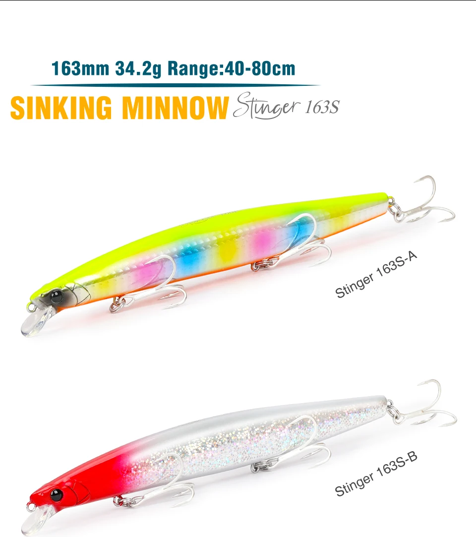 TSURINOYA STINGER 163S Ultra Long Casting Sinking Saltwater Minnow 163mm 34.2g Sea Fishing Lure Artificial Large Hard Baits