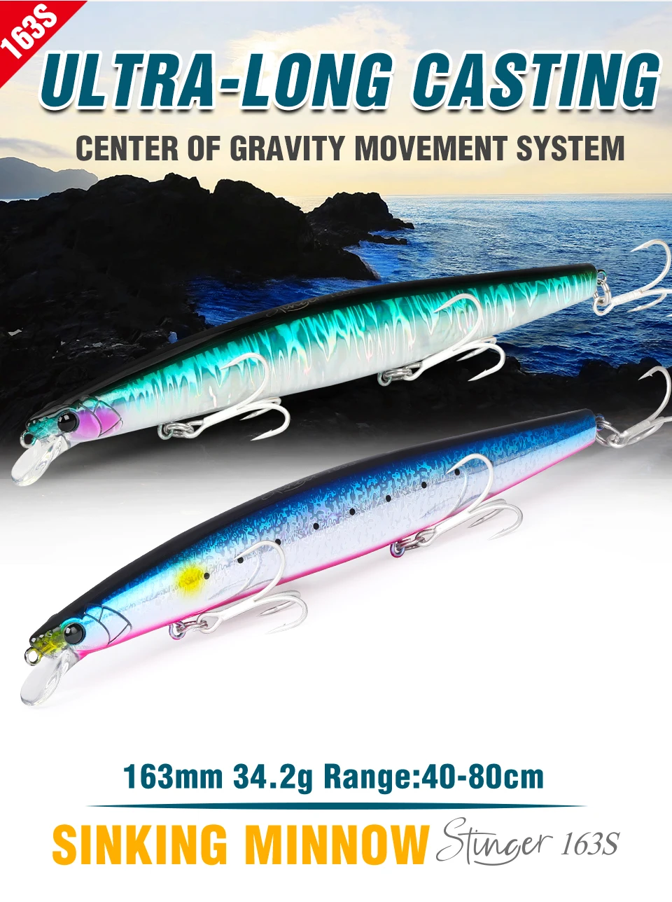 TSURINOYA STINGER 163S Ultra Long Casting Sinking Saltwater Minnow 163mm 34.2g Sea Fishing Lure Artificial Large Hard Baits