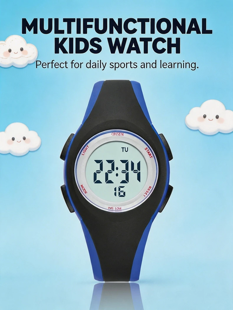 OHSEN Kids Sport Watches 50M Waterproof Blue Silicone Electronic Wristwatch Stopwatch Children Digital Watch For Boys Girls