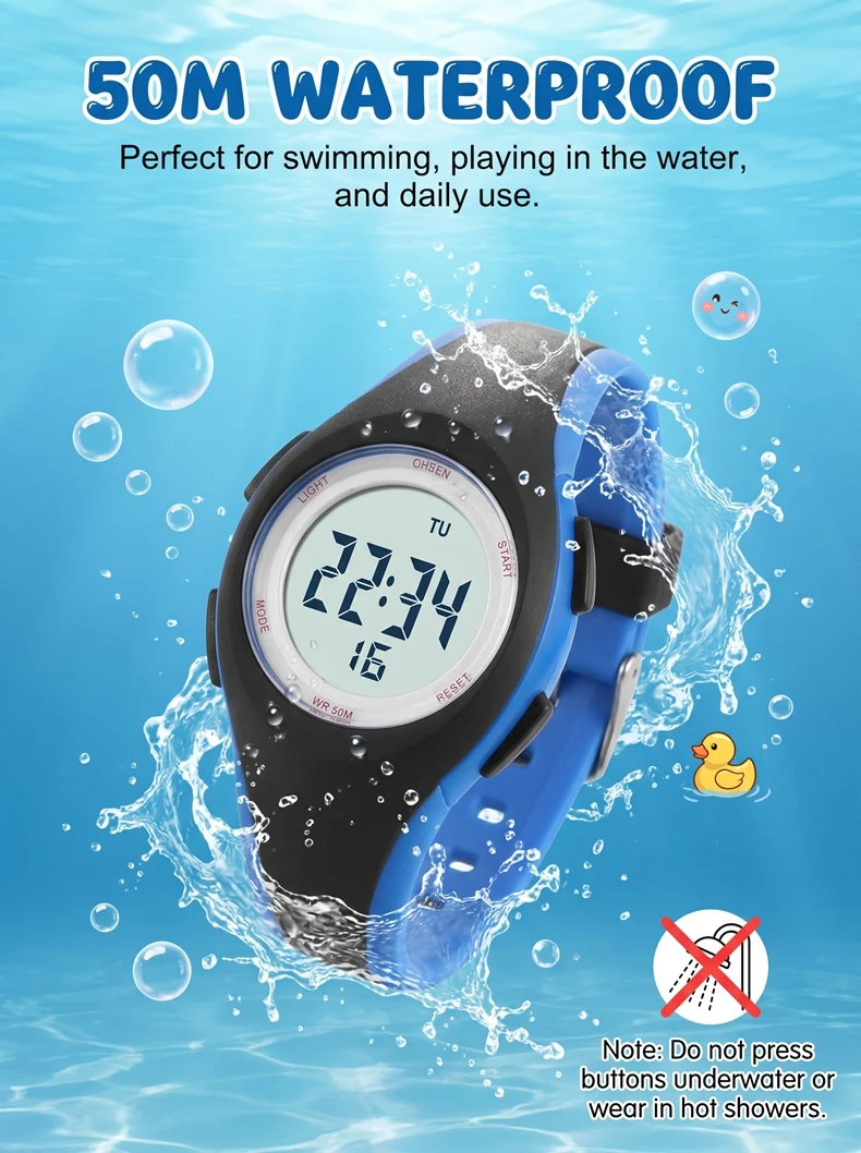 OHSEN Kids Sport Watches 50M Waterproof Blue Silicone Electronic Wristwatch Stopwatch Children Digital Watch For Boys Girls
