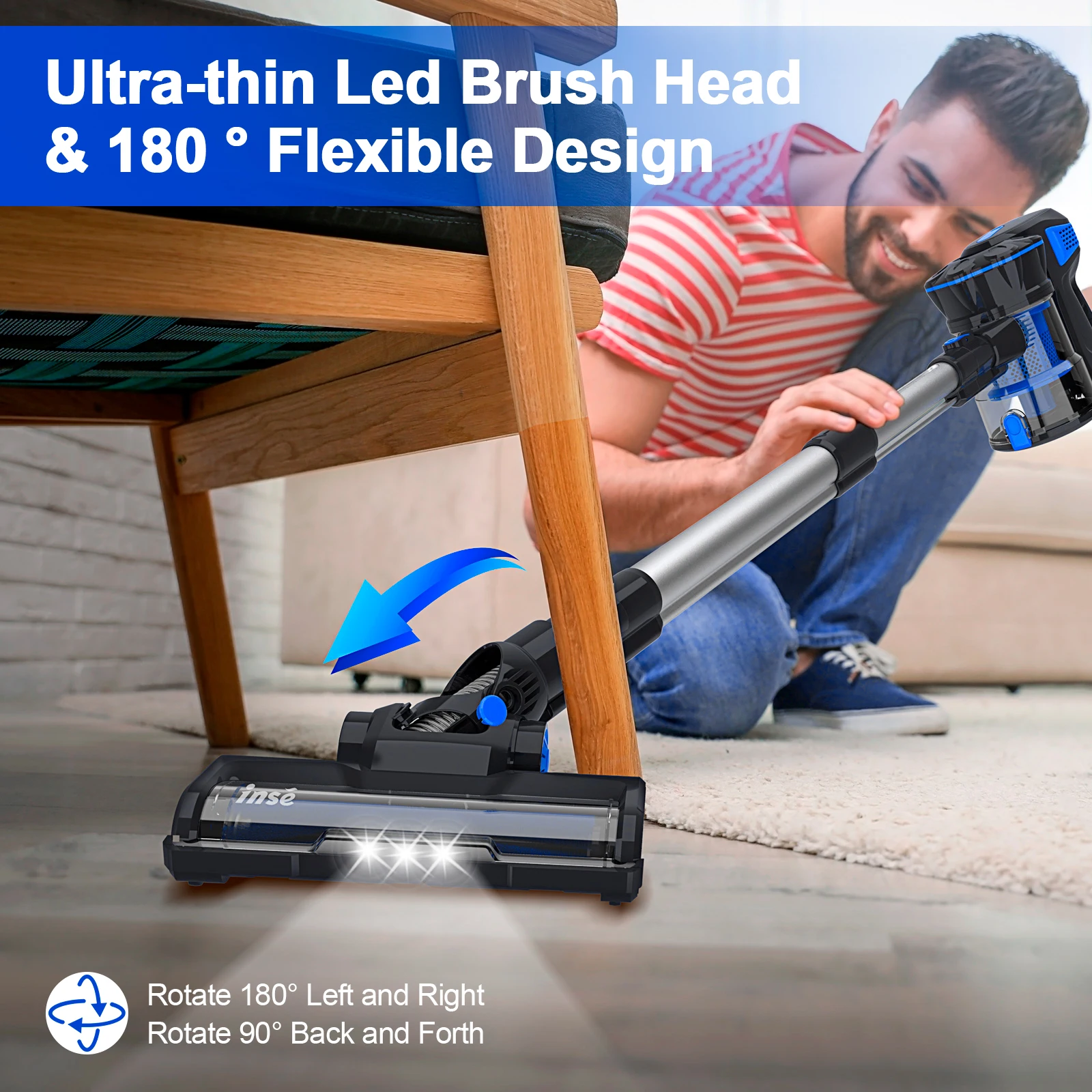 INSE V70 12kPa Powerful Lightweight Vacuum Cleaner up to 45 Mins Runtime, for Home Hard Floor Carpet Pet Hair, Blue