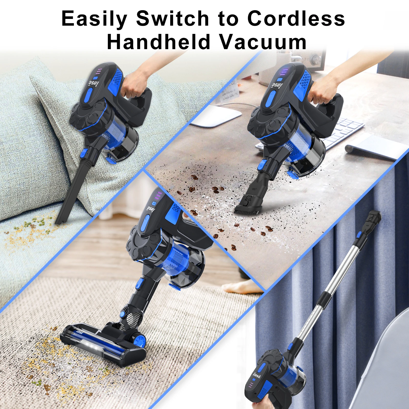 INSE V70 12kPa Powerful Lightweight Vacuum Cleaner up to 45 Mins Runtime, for Home Hard Floor Carpet Pet Hair, Blue