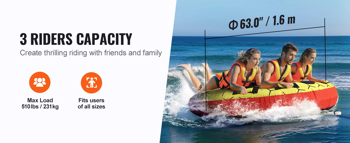SucceBuy Towable Tube for Boating 1-3 People Inflatable Boat Tubes&Towables 63" Round Water Sport Towable Tube for Boat to Pull