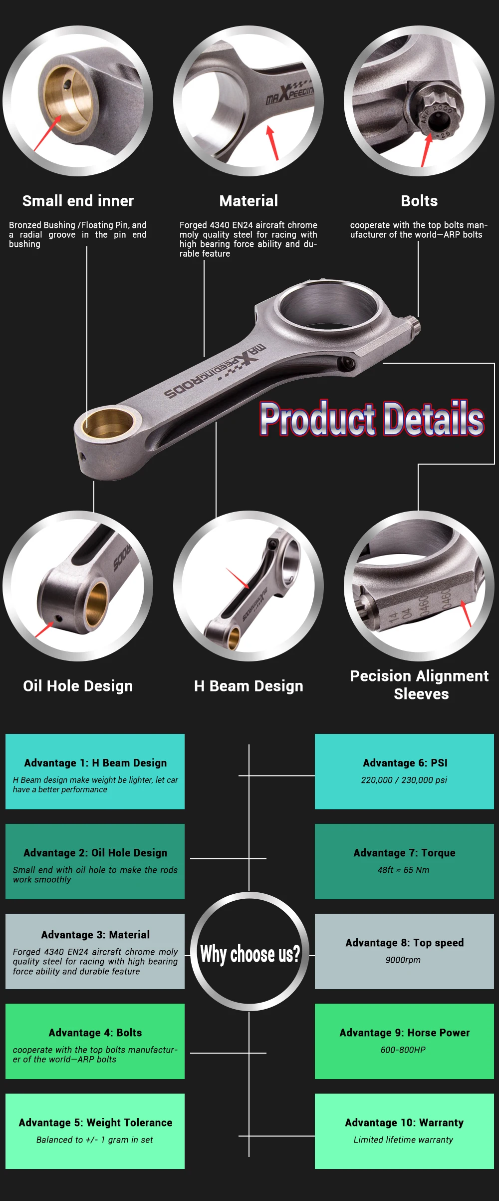 4340 Conrod Connecting Rods For Audi S3 A4 TT 1.8T VW Golf Pleuel Bielle EN24 Forged H-Beam for 1.8T 20mm pin TUV Rod Piston