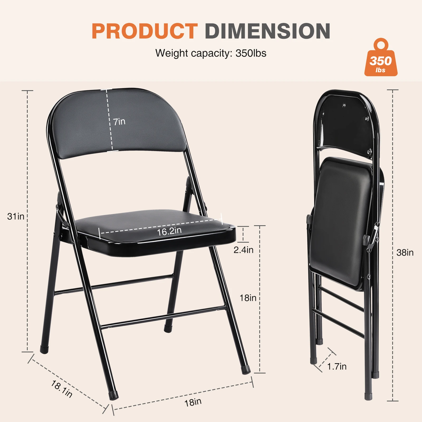 JHK Leather Padded Folding Living Room Chairs 2 Pack Sturdy Metal Foldable Chair Easy to Use and Storage Outdoor for Home Office