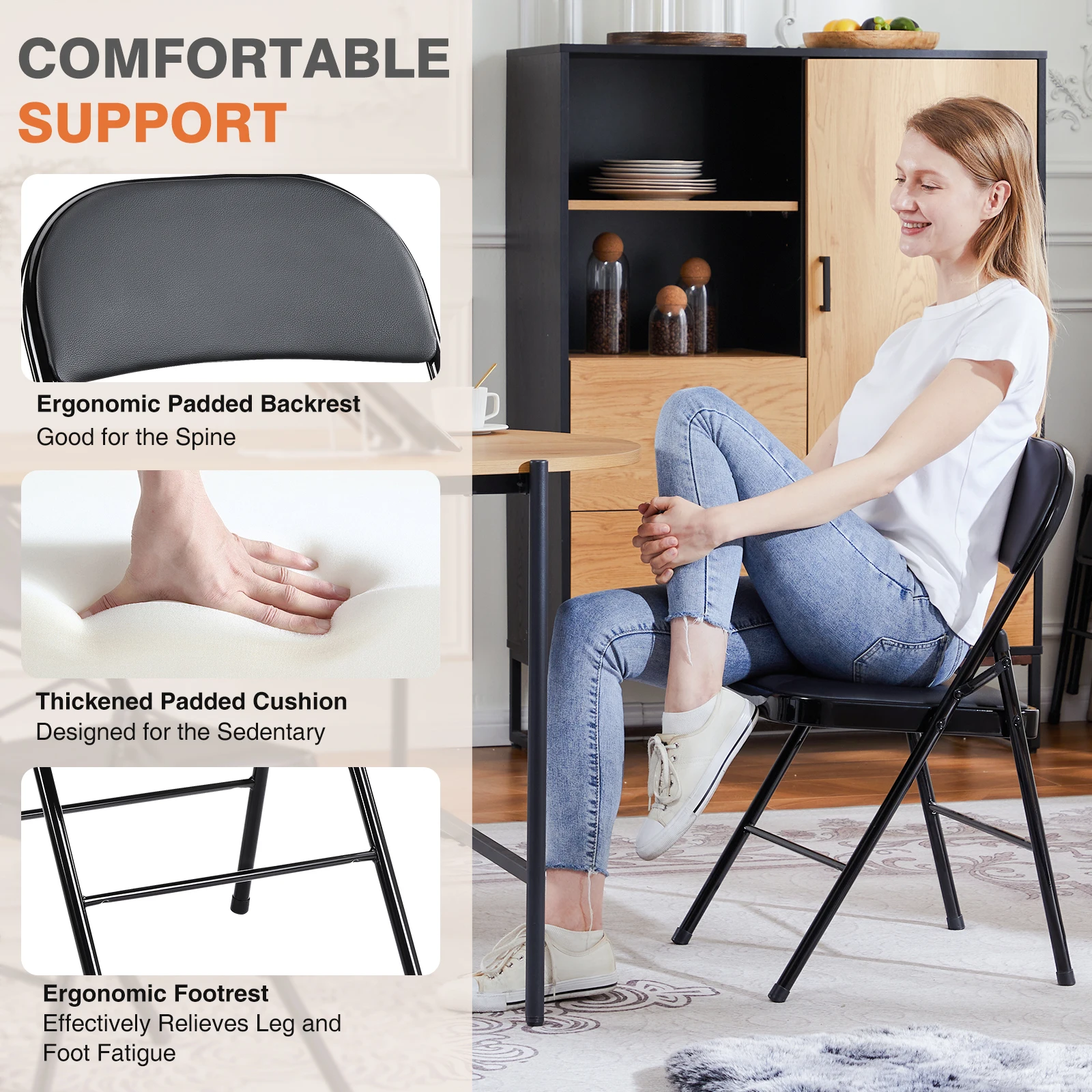 JHK Leather Padded Folding Living Room Chairs 2 Pack Sturdy Metal Foldable Chair Easy to Use and Storage Outdoor for Home Office