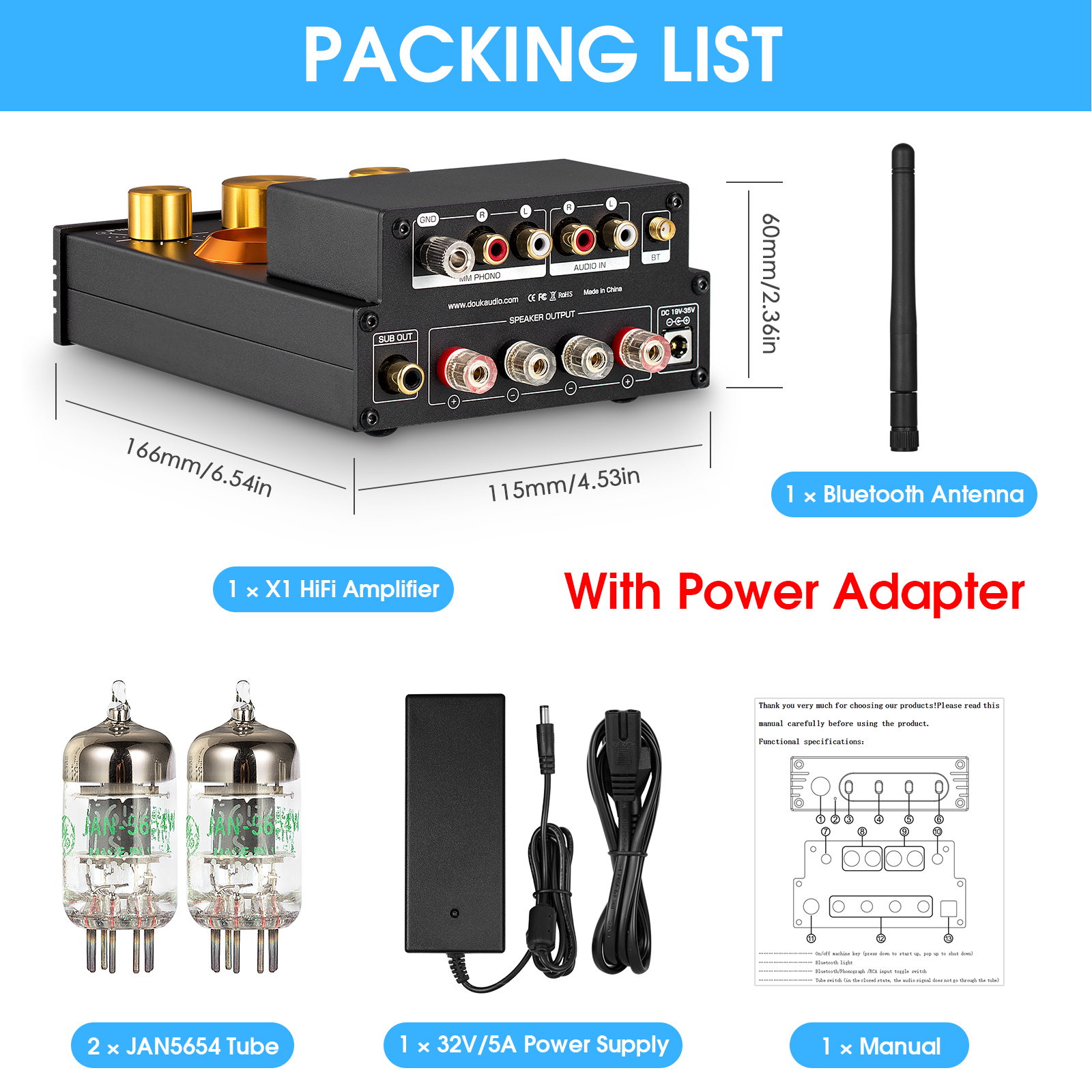 Nobsound HiFi GE5654 Vacuum Tube Amplifier Stereo Bluetooth 5.0 Receiver Amp MM Phono Power Amp for Turntables APTX-HD 160W+160W