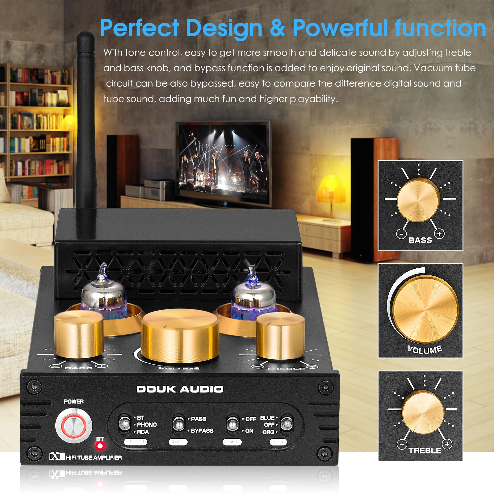 Nobsound HiFi GE5654 Vacuum Tube Amplifier Stereo Bluetooth 5.0 Receiver Amp MM Phono Power Amp for Turntables APTX-HD 160W+160W