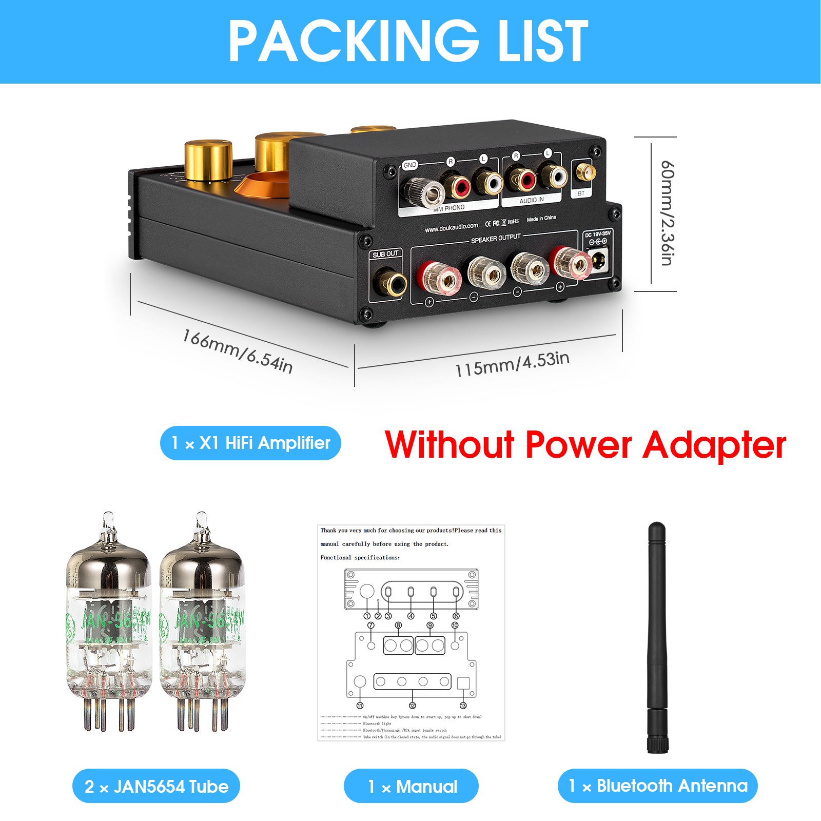 Nobsound HiFi GE5654 Vacuum Tube Amplifier Stereo Bluetooth 5.0 Receiver Amp MM Phono Power Amp for Turntables APTX-HD 160W+160W
