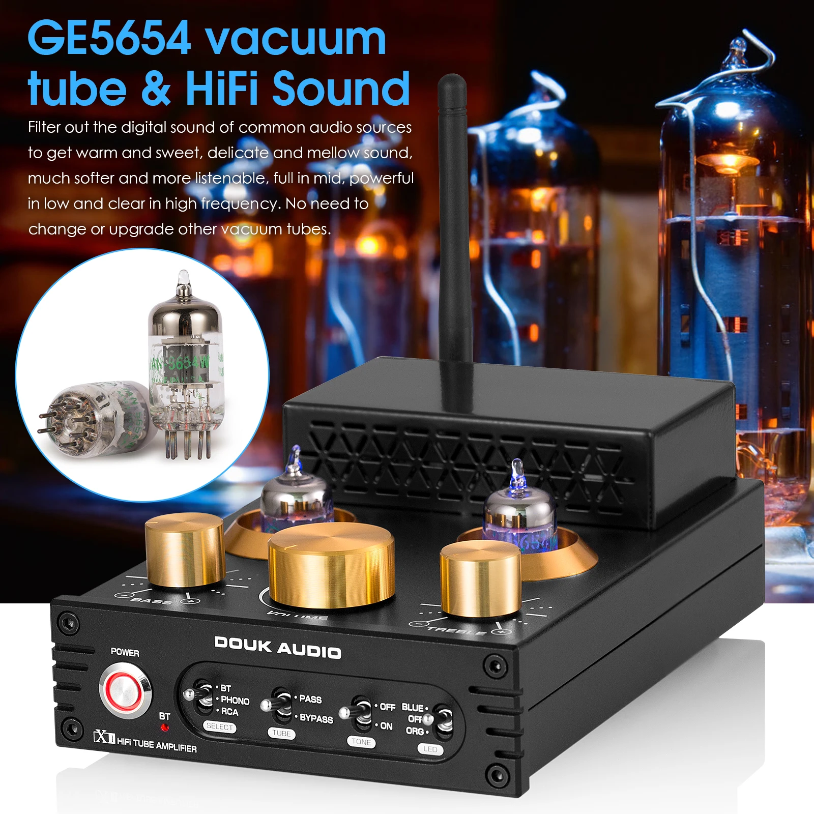 Nobsound HiFi GE5654 Vacuum Tube Amplifier Stereo Bluetooth 5.0 Receiver Amp MM Phono Power Amp for Turntables APTX-HD 160W+160W