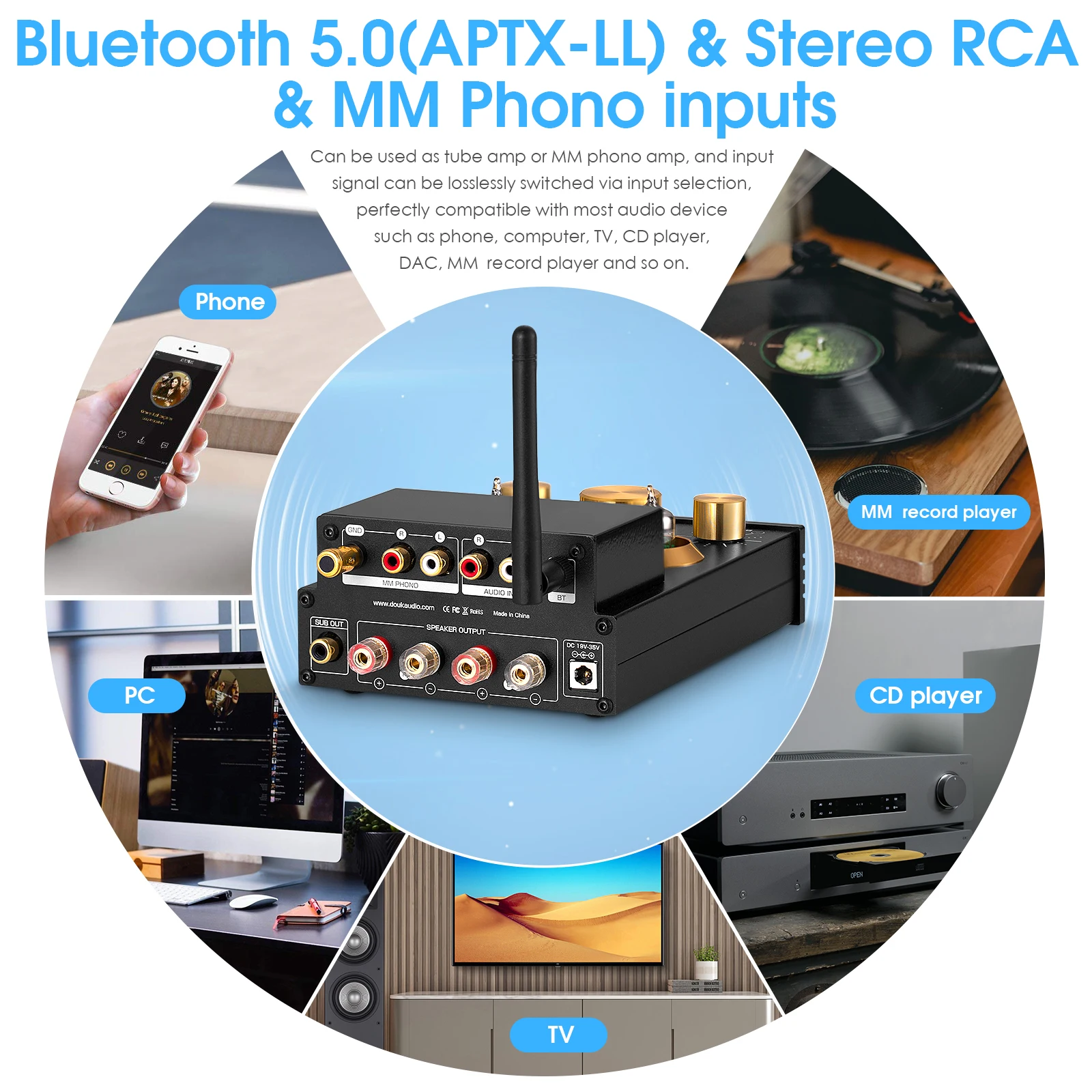 Nobsound HiFi GE5654 Vacuum Tube Amplifier Stereo Bluetooth 5.0 Receiver Amp MM Phono Power Amp for Turntables APTX-HD 160W+160W
