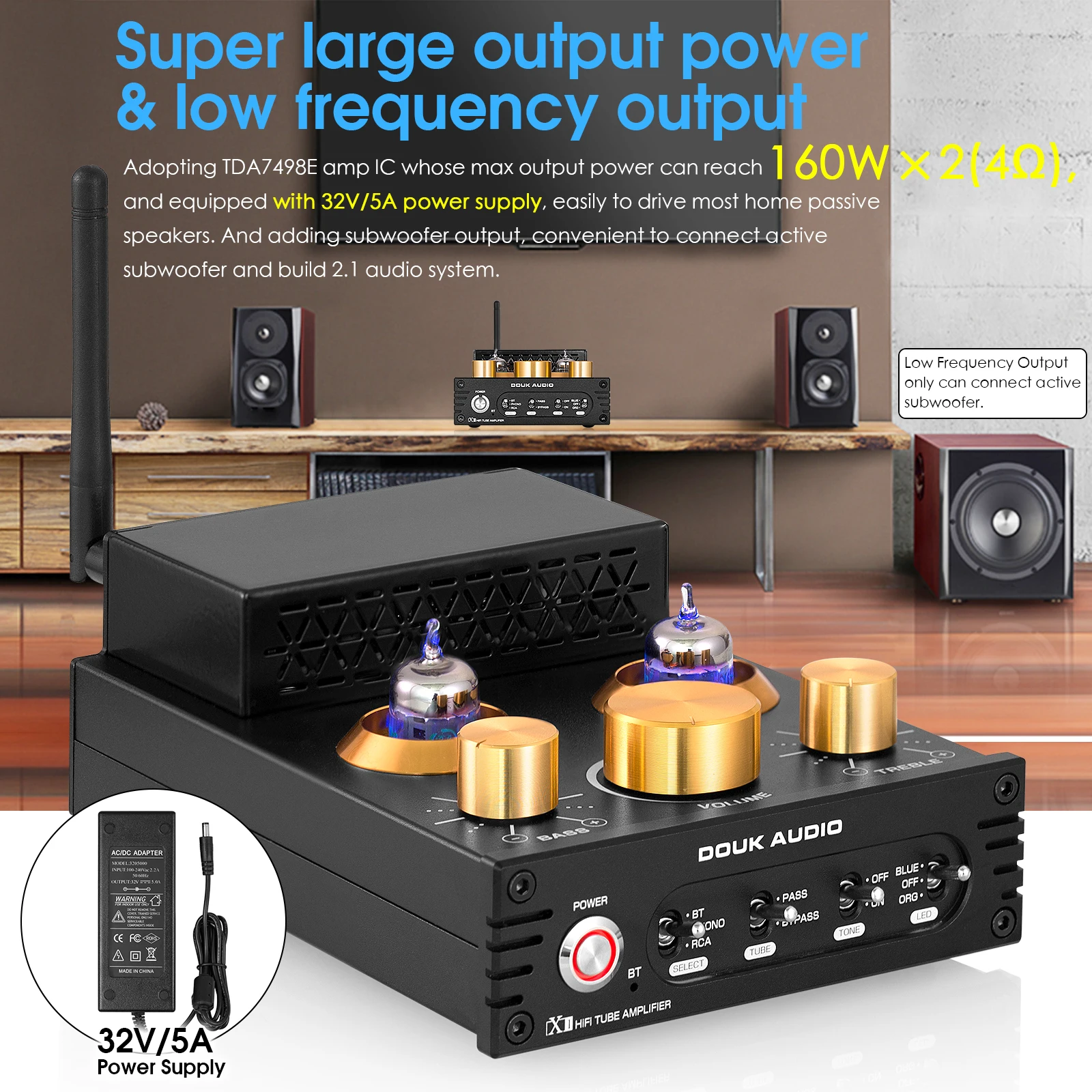 Nobsound HiFi GE5654 Vacuum Tube Amplifier Stereo Bluetooth 5.0 Receiver Amp MM Phono Power Amp for Turntables APTX-HD 160W+160W