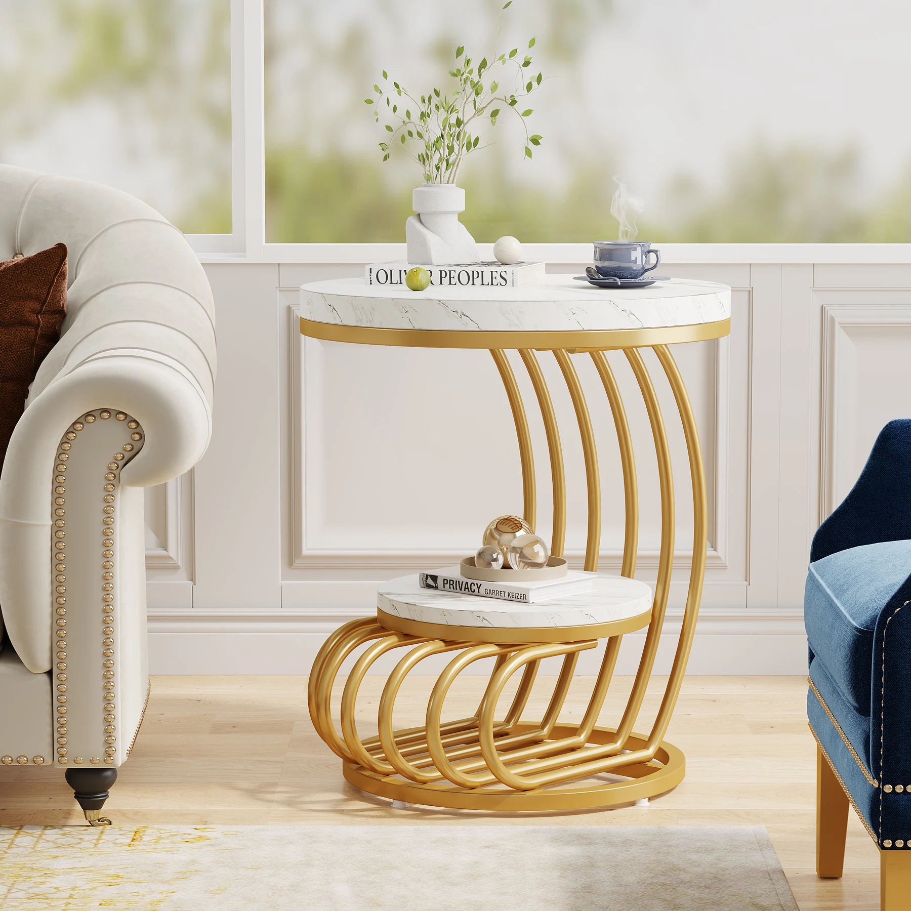 Tribesigns Gold Round End Table: 2 Tiers Faux Marble Side Table with Storage Shelf, Modern White Gold Bedside Nightstand