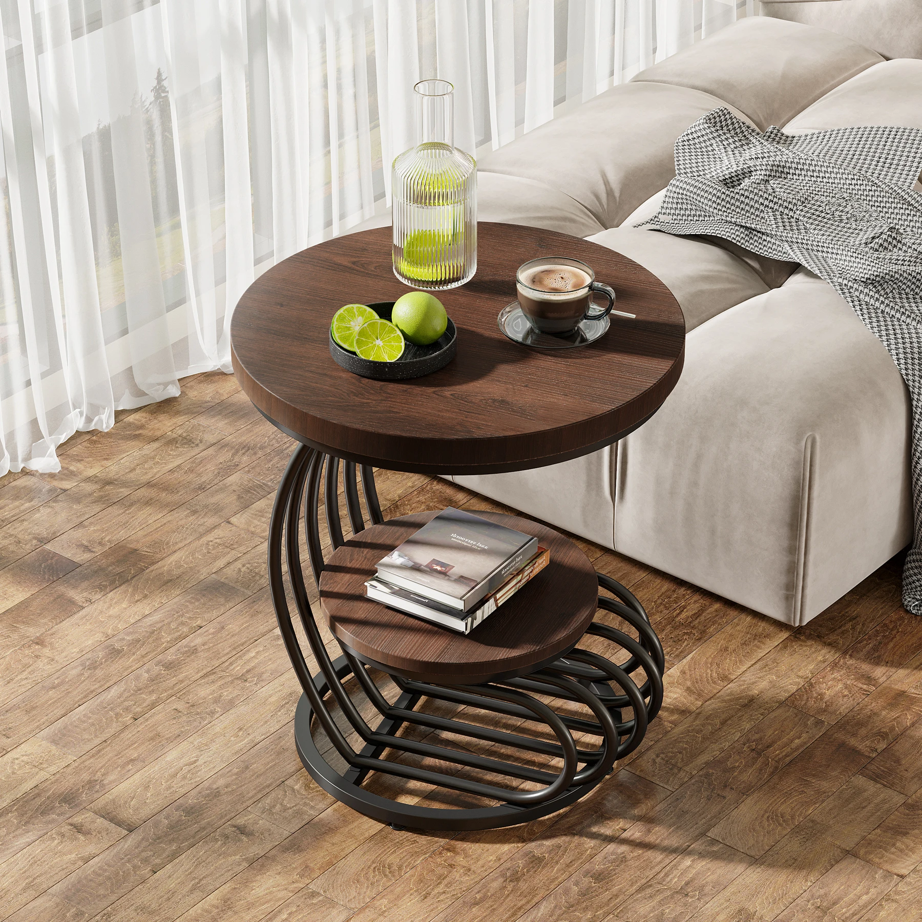 Tribesigns Gold Round End Table: 2 Tiers Faux Marble Side Table with Storage Shelf, Modern White Gold Bedside Nightstand