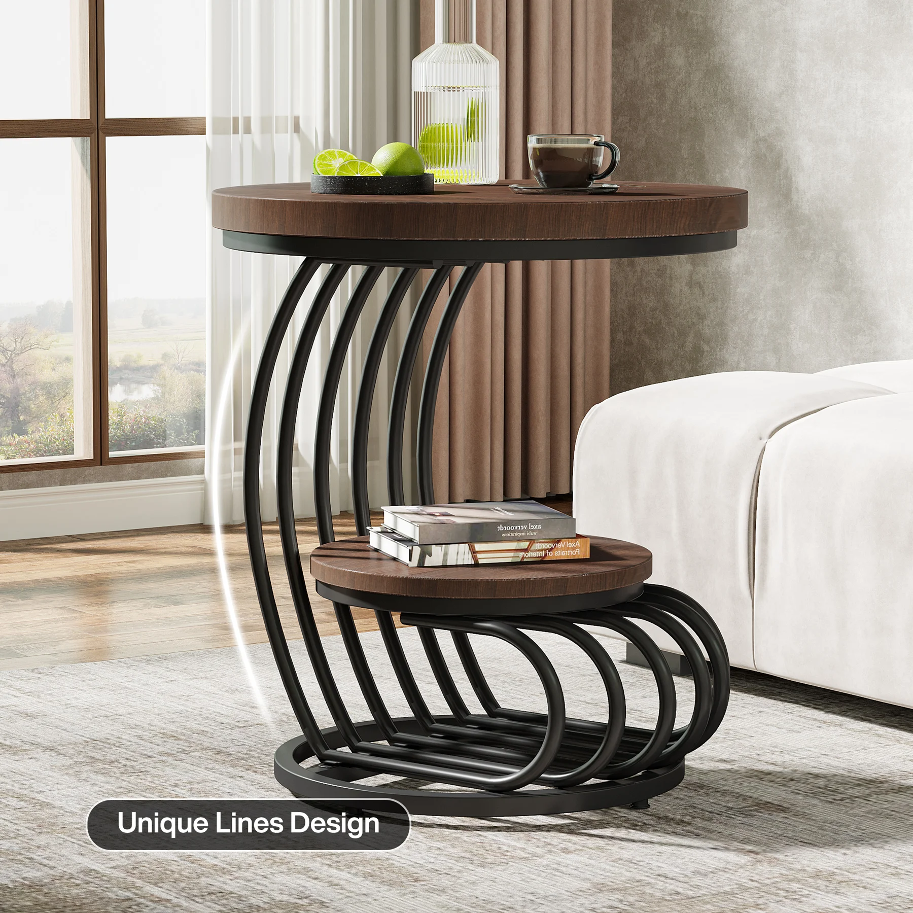 Tribesigns Gold Round End Table: 2 Tiers Faux Marble Side Table with Storage Shelf, Modern White Gold Bedside Nightstand