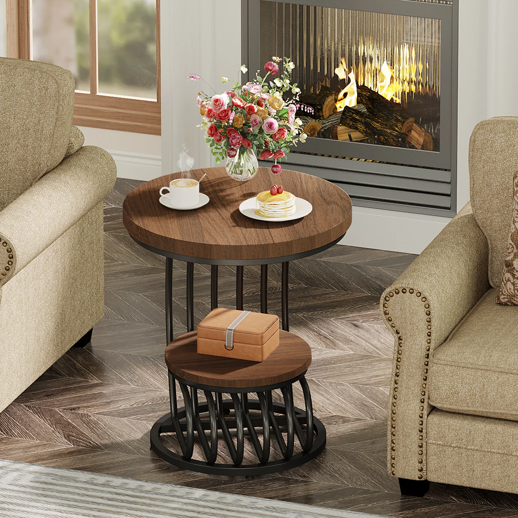 Tribesigns Gold Round End Table: 2 Tiers Faux Marble Side Table with Storage Shelf, Modern White Gold Bedside Nightstand