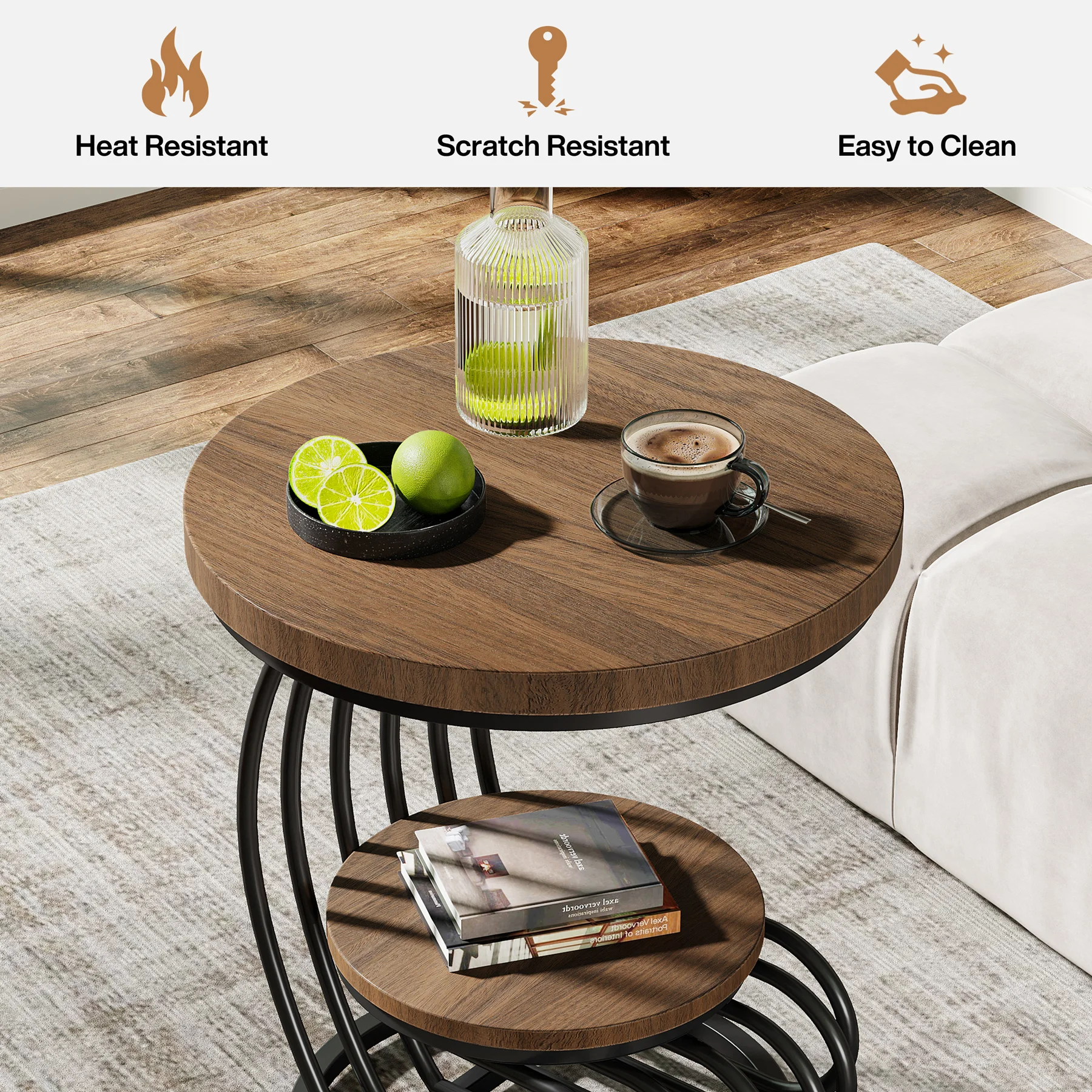 Tribesigns Gold Round End Table: 2 Tiers Faux Marble Side Table with Storage Shelf, Modern White Gold Bedside Nightstand