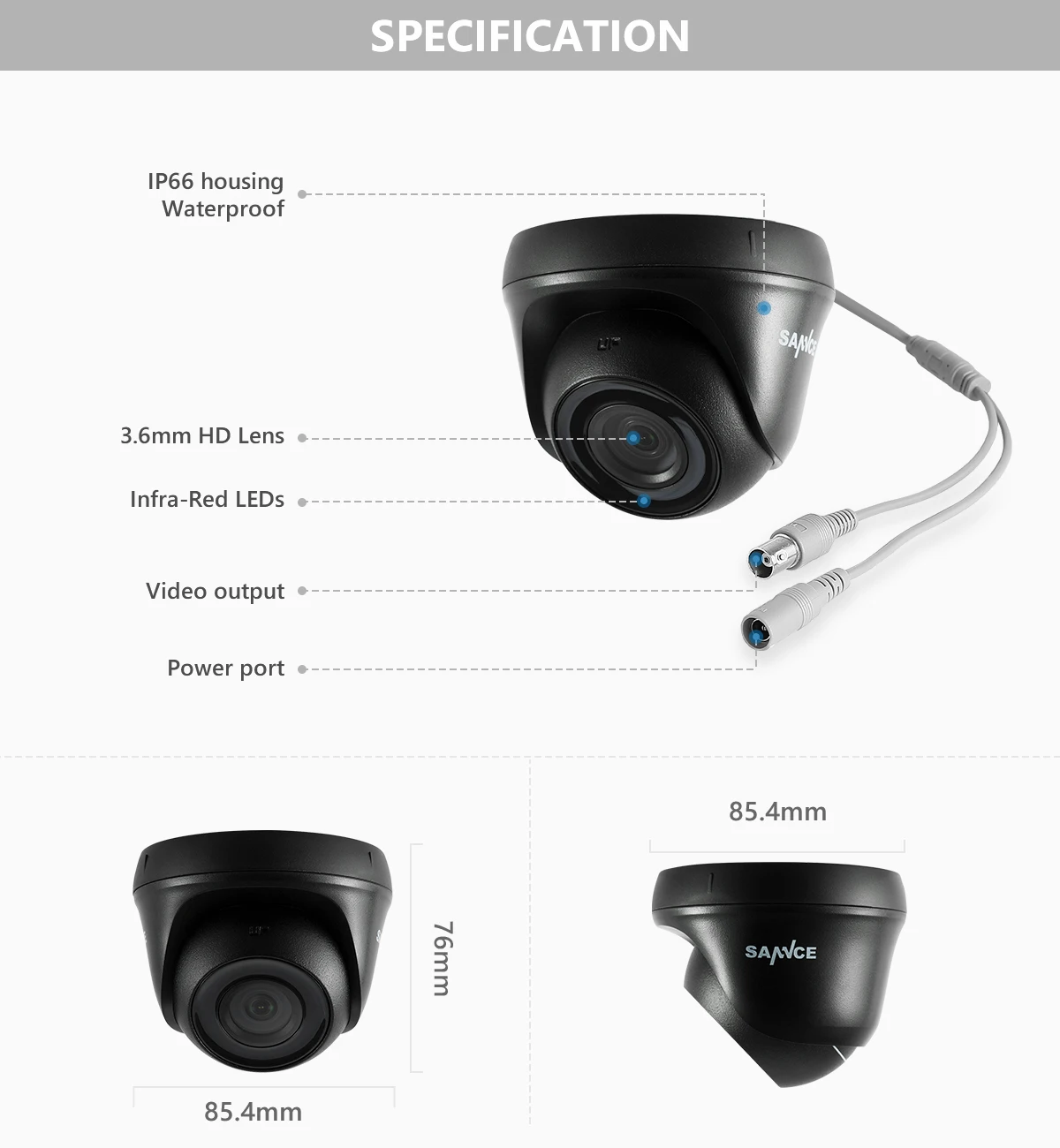 SANNCE 2pcs AHD 1080P HD 2.0MP CCTV Security Cameras H.264 Waterproof Indoor/ Outdoor Dome Surveillance Cameras set Black Color