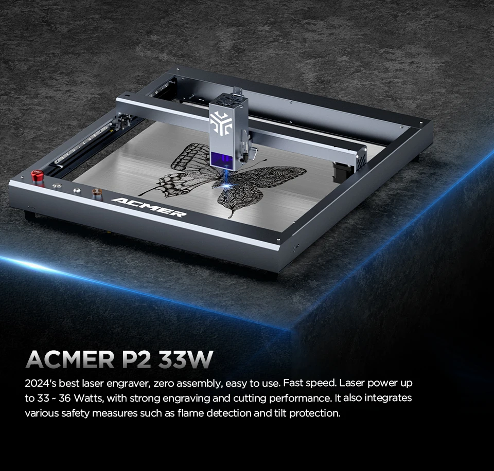 ACMER P2 33W Lasers Engraver With Air Assist Industrial Rails Wifi APP Control Laser Cutting Machine Carve Wood Aluminium Oxide