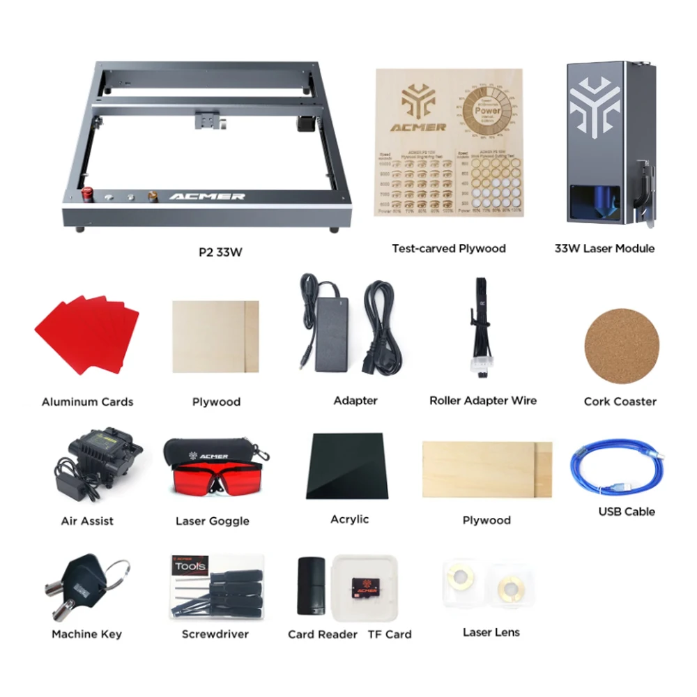 ACMER P2 33W Lasers Engraver With Air Assist Industrial Rails Wifi APP Control Laser Cutting Machine Carve Wood Aluminium Oxide