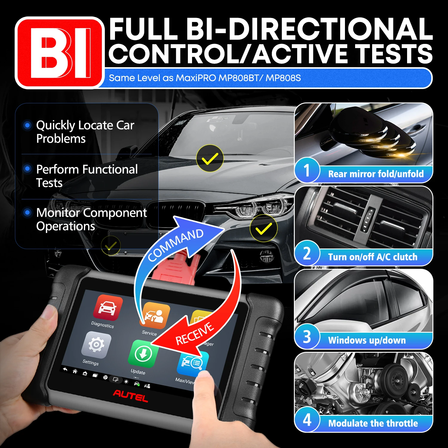 Autel MaxiCheck MX808S MK808S OBD2 Scanner Bi-directional Control Scan Tool, 28+ Services, All System Diagnostic Same as MK900 MX900 MK900BT MK808BT PRO, 3K+ Active Test, 28+ Service, OE All System, OS11, FCA