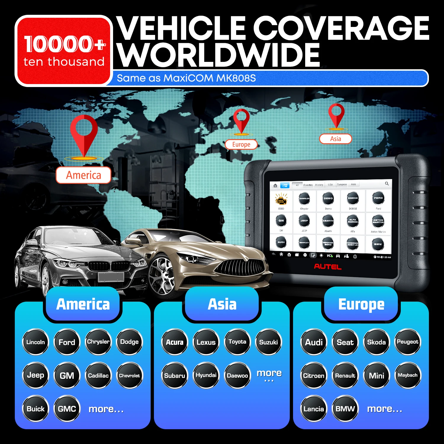 Autel MaxiCheck MX808S MK808S OBD2 Scanner Bi-directional Control Scan Tool, 28+ Services, All System Diagnostic Same as MK900 MX900 MK900BT MK808BT PRO, 3K+ Active Test, 28+ Service, OE All System, OS11, FCA