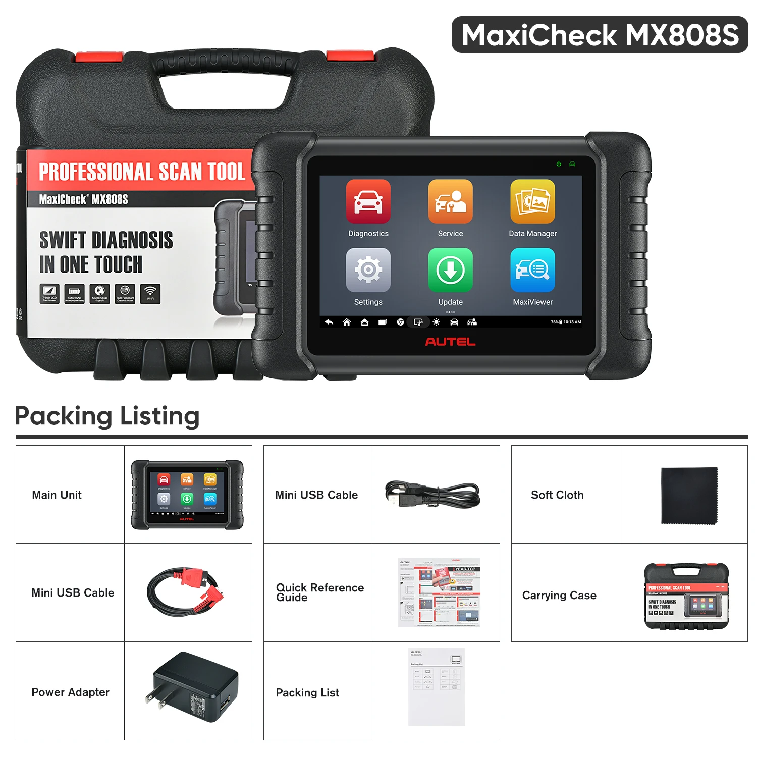 Autel MaxiCheck MX808S MK808S OBD2 Scanner Bi-directional Control Scan Tool, 28+ Services, All System Diagnostic Same as MK900 MX900 MK900BT MK808BT PRO, 3K+ Active Test, 28+ Service, OE All System, OS11, FCA