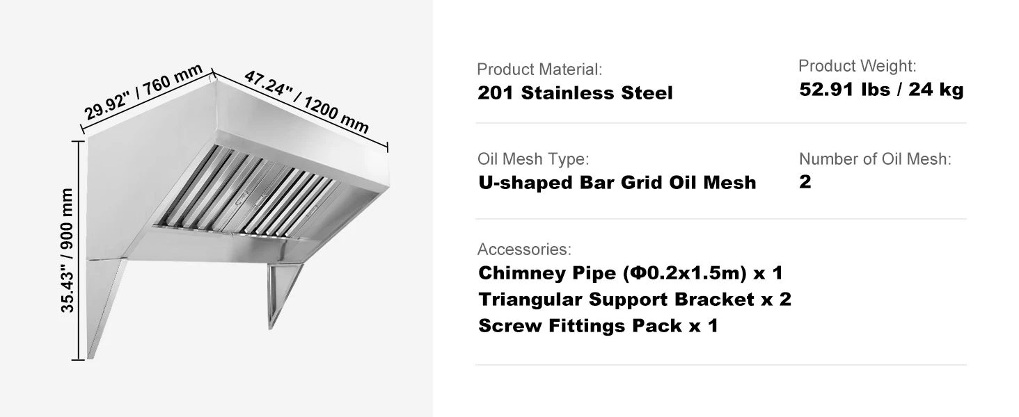 SucceBuy 4/5/6/7/8/9FT Commercial Exhaust 201 Stainless Steel Concession Hood Under Cabinet Range Hood Kitchen Vent Hood Sliver